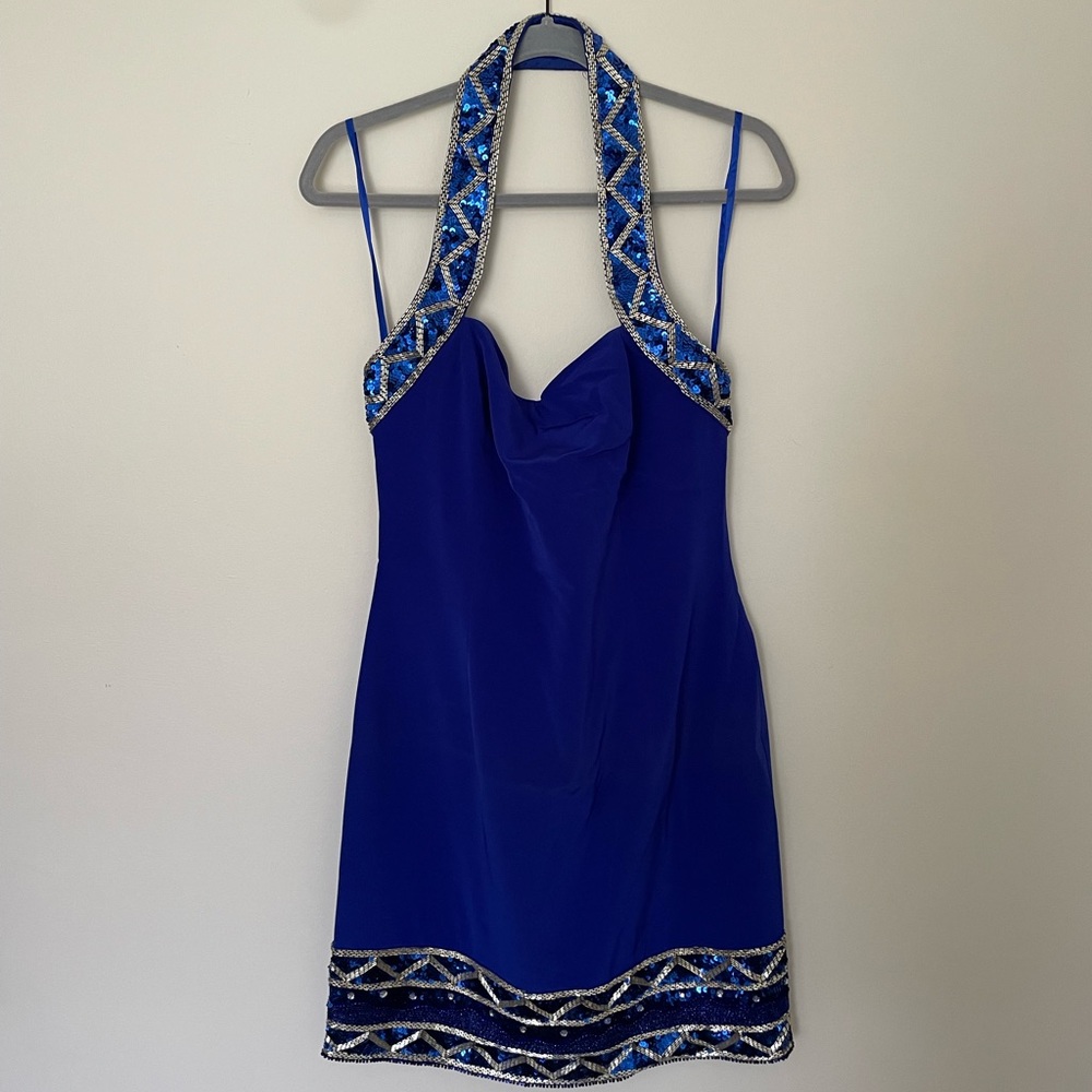 Vintage 90’s Cocktail Halter Dress Sapphire Blue with beads & sequins. Size 12